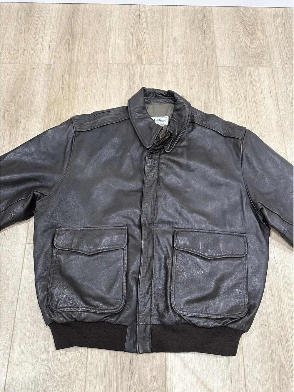 Vintage LL Bean Leather Bomber Jacket Mens XL Brown Flight Coat